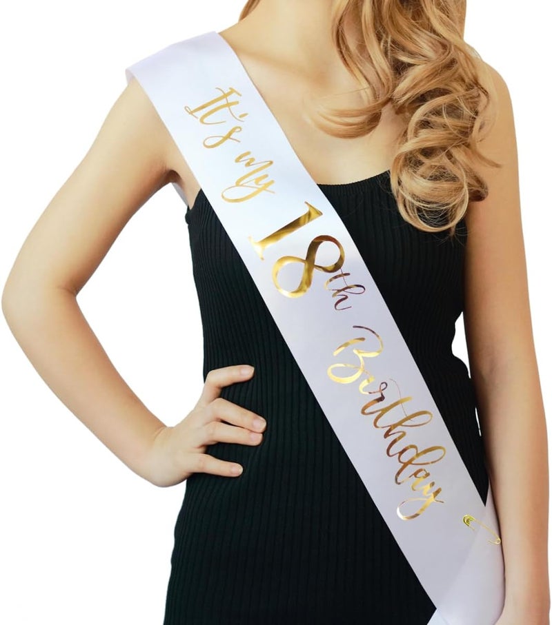 Docooniver It's My 18th Birthday Sash White with Rose Gold Foil Lettering for Girls. - Image 1